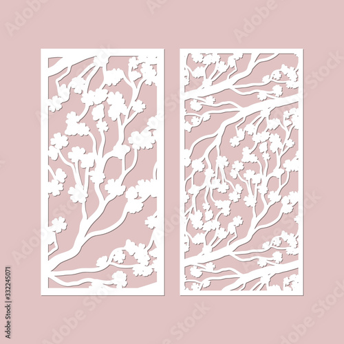 Laser cut vector panels set with cherry blossom branches pattern. Paper cutting, wedding cards element, cabinet screen, stencil pattern. Rate 1:2.