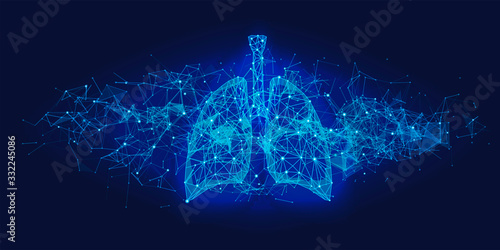Futuristic medical concept with blue human lungs. Abstract geometric design with plexus effect on dark background. Healthcare and pulmonology banner with copy space. photo