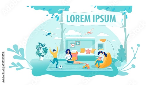 Mom Working Online Flat Banner Vector Template