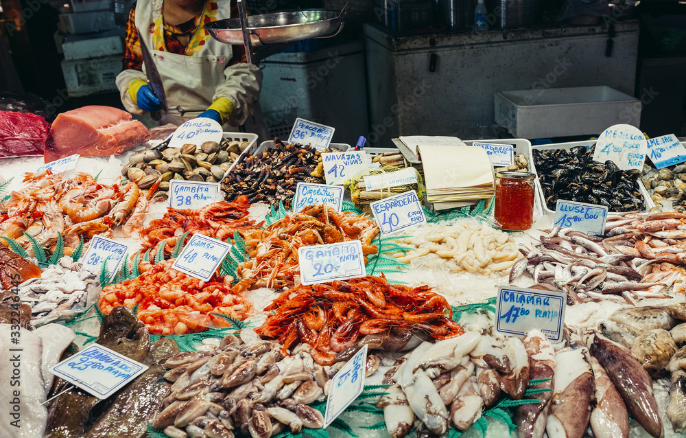 Seafood at market called La Boqueria, foremost tourist landmarks in Barcelona, Spain