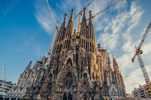 View of main facade of Sagrada Familia church designed by Spanish architect Antoni Gaudi, Spain