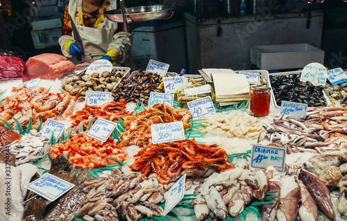 Photography Seafood at market called La Boqueria, foremost tourist landmarks in Barcelona, S