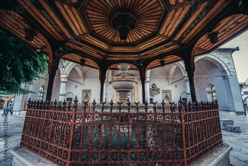 Shadirvan Fountain in front of 16th century Ottoman style Gazi Husrev-beg Mosque located at Bascarsija area in Sarajevo, Bosnia and Herzegovina