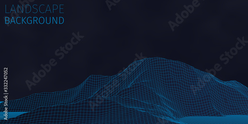 3d sci-fi retro connection background. Wireframe topography landscape. Blockchain and crypto currency technology background. Digital landscape. HUD elements. Big data and artificial intelligence.