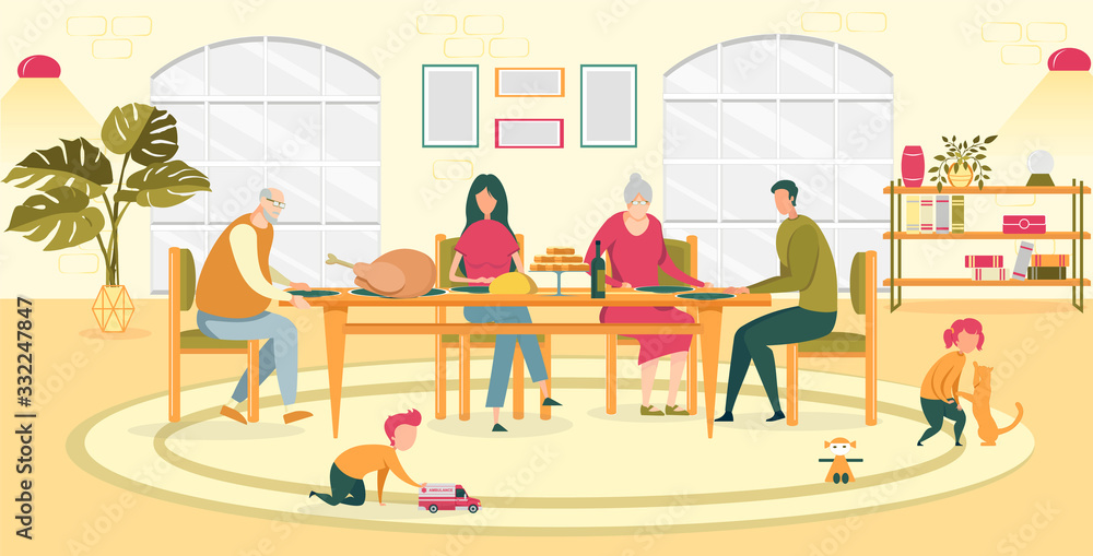 Hearty Dinner in Large Family with Elderly Parent. Hearty Dinner in Large Family with Elderly Parent.
