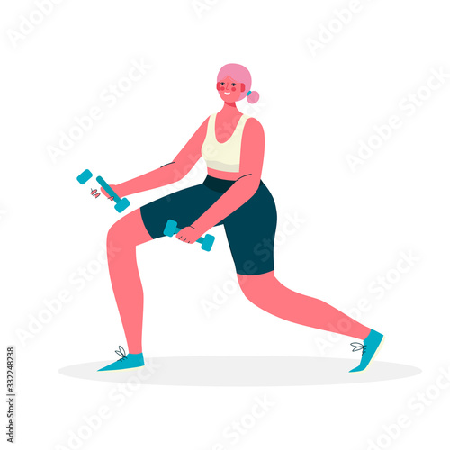 Woman in sportswear doing lunges with dumbbells for beautiful thighs and buttocks in Gym. Woman activities. Healthy lifestyle, Fitness , Workout, Wellness Concept. Cartoon flat vector illustration.