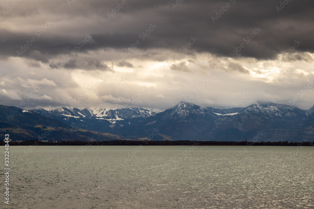Bodensee lake with Alps mountains in the background. View from Lindau in Germany.