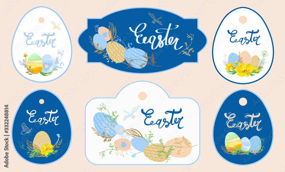 a set of cards with eggs and flowers with Golden twigs on a white and blue background. Happy Easter template with egg. Suitable for spring and Easter cards and invitations, tag a set of cards with eggs and flowers with Golden twigs on a white and blue background. Happy Easter template with egg. Suitable for spring and Easter cards and invitations, tag