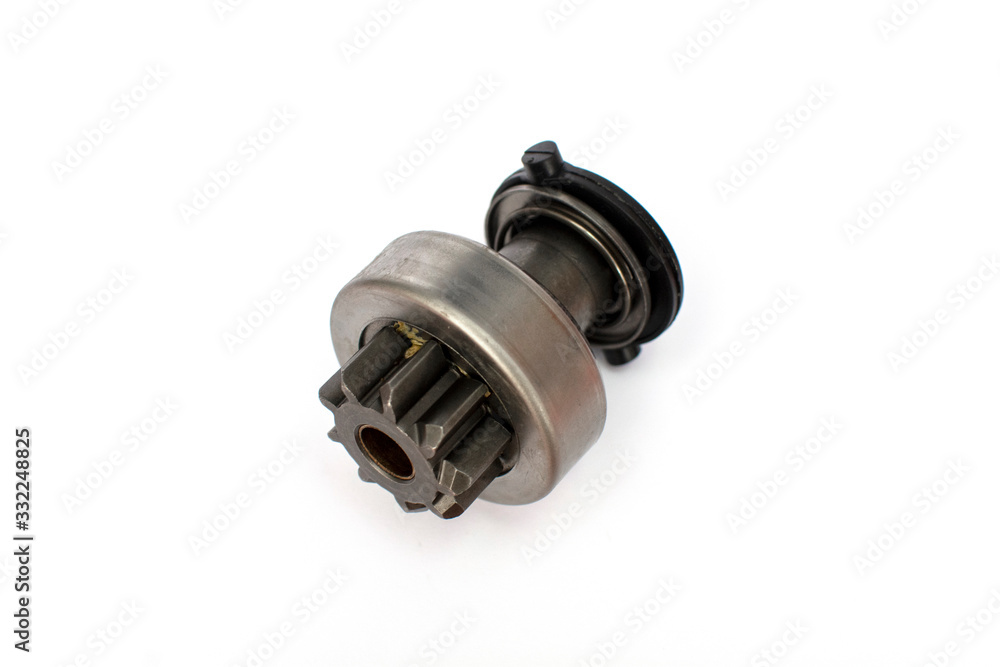 Car starter drive, bendix. Starter detail isolated on white background close-up. Spare parts. Car starter drive, bendix. Starter detail isolated on white background close-up. Spare parts.