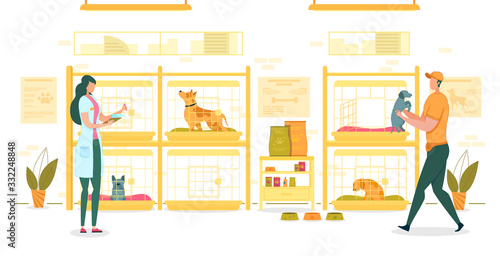 Shelter for Dogs with Workers Taking Care Animals.