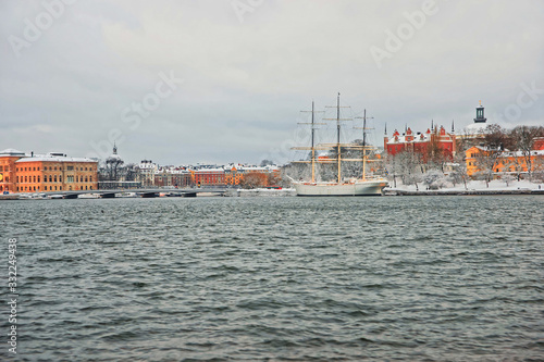Waterfront and Skeppsholmen of winter Stockholm
