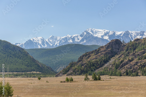 View of Belukha Mountain. Russia. Snow mountains of Altai. Belukha the highest peak of Siberia