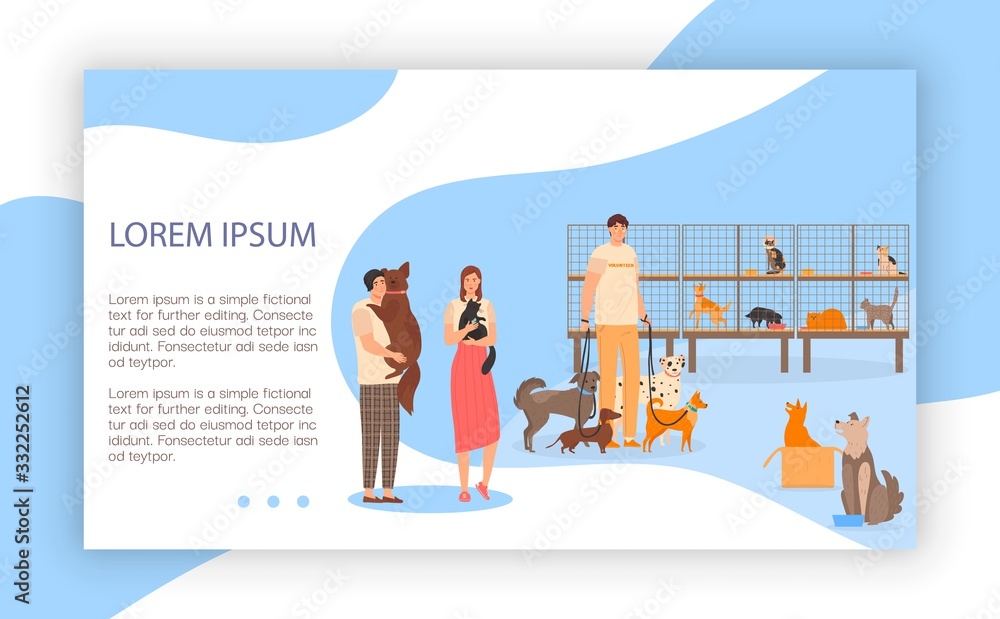 Adopt pets, characters couple, male and female take dog, cat, help abandoned animal, flat vector illustration. Man hug dog, woman hold cat. Concept design web banner, page, landing.