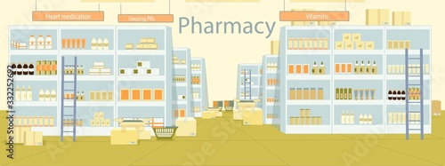 Warehouse Pharmacy Stock Store with Pill, Potion.