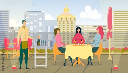 Women Having Dinner in Cafe or Restaurant on Roof.