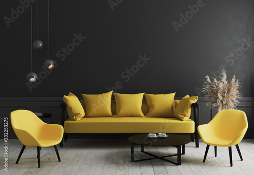 Fototapeta Naklejka Na Ścianę i Meble -  Modern room interior background with black wall and stylish yellow sofa and design armchair near coffee table, elegant, luxury, living room interior mock up, 3d rendering