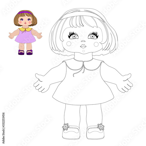 Vector cartoon little cute doll girls in a summer dress coloring book for preschool and primary school children.