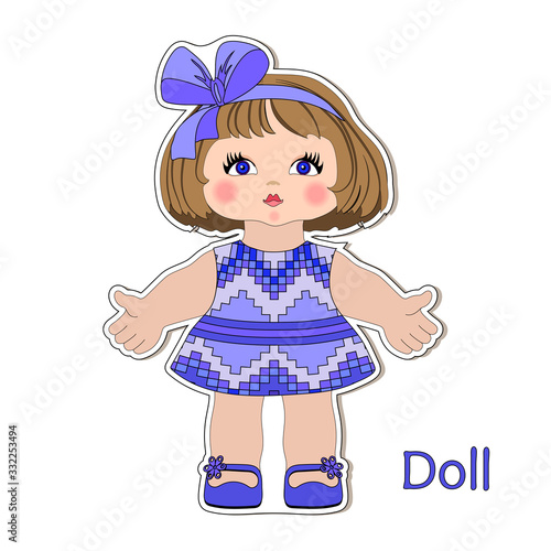 Vector sticker cartoon little cute doll girls child in a summer dress for preschool and primary school children  zine greeting card  card  text doll  scrapbook