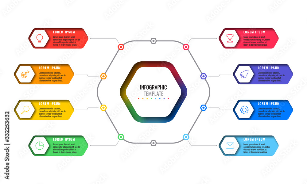 business infographic template with eight realistic hexagonal elements ...