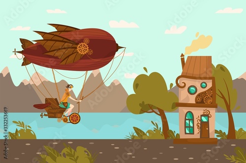 Character female on steampunk airship transport , balloon, flat vector illustration. Air technology design, gears, vintage web banner, template. Steampunk house, mountain, lake landscape.
