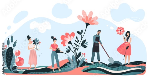 Male, female harvest and care flower, farmer man and woman dig land, isolated on white, flat vector illustration. Design web banner. Blooming organic flower in field, spring weather.
