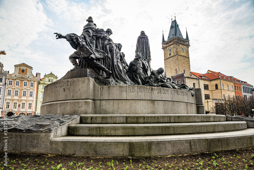 Prague, Czech republic - March 19, 2020. Statue of Mistr Jan Hus in empty Old Town Square during coronavirus crisis