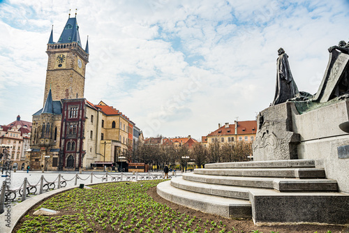 Prague, Czech republic - March 19, 2020. Statue of Mistr Jan Hus in empty Old Town Square during coronavirus crisis photo