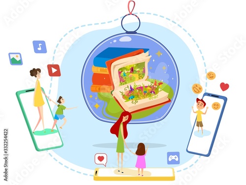 Modern entertainment, mother and child character, digital content consumption, children Internet, mobile phone, online life, isolated on white, concept flat vector illustration. Design for web banner