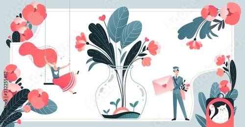 Character postman carry love letter, flask bank plants, flower isolated on white, tiny flat vector illustration. Spring weather, mood. Design banner, valentine card. Blooming flower in bottle, jar.