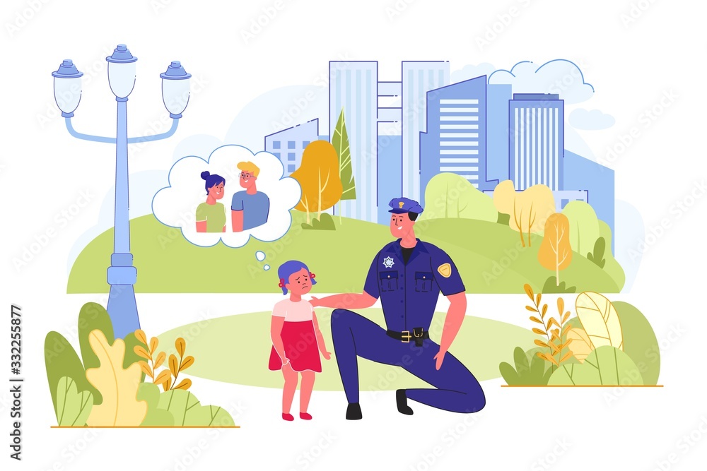 Policeman Finding Lost Child Girl and Helping her. Policeman Finding Lost Child Girl and Helping her.