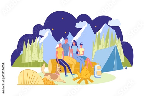 Family with Teenagers on Campsite with Bonfire.