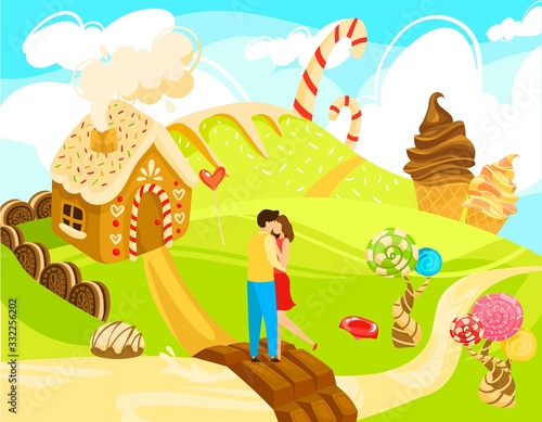 Characters people couple, sweet love, gingerbread house, sugar field, ice cream, cartoon vector illustration. Infatuation male and female, design web banner. Life in sugary kingdom.