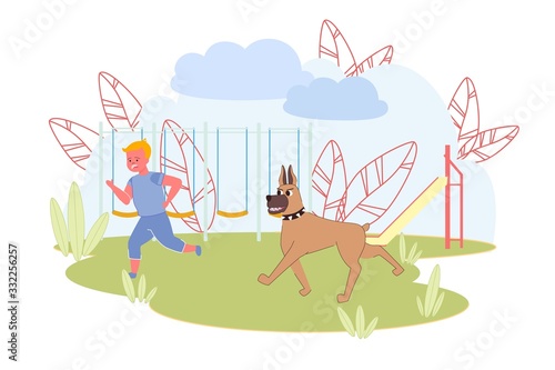 Scared Little Boy Run Away from Big Angry Dog