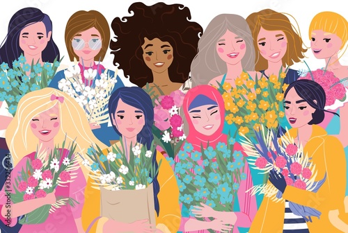 Feminism character women, individuals different nationalities, cultures, beliefs, flat vector illustration. Female proud, power. Ethnic world diversity. Design web banner, template page