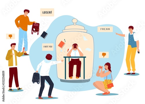 Work harassment, characters male, female mock under man, loser sit in bottle, isolated on white, flat vector illustration. Design web banner, corporate. Stop verbal bullying and oppression.