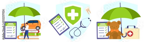 Character male with umbrella, medical insurance case, protection money, health, isolated on white, flat vector illustration. Design web banner, template. Insurance policy, safe life.