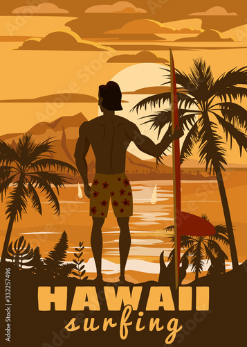 Canvas Print Surfer standing with surfboard on the tropical beach back view