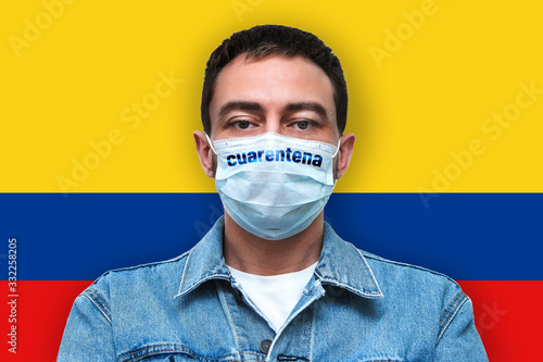 Man in a denim jacket and medical breathing mask. masked man on a white background photo