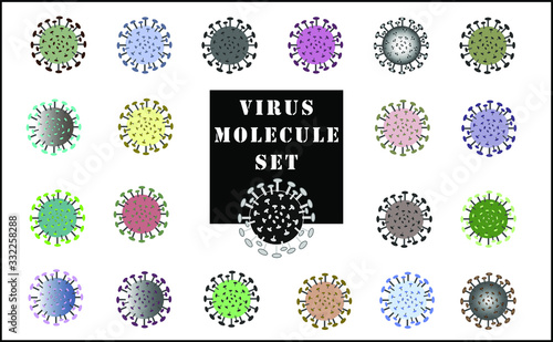 Set of 21 virus molecule illustrations. Bacteria, microbe, germ, Coronavirus, COVID-19, flu, influenza virus cells model.   Virus icon. Vector illustration isolated on white background