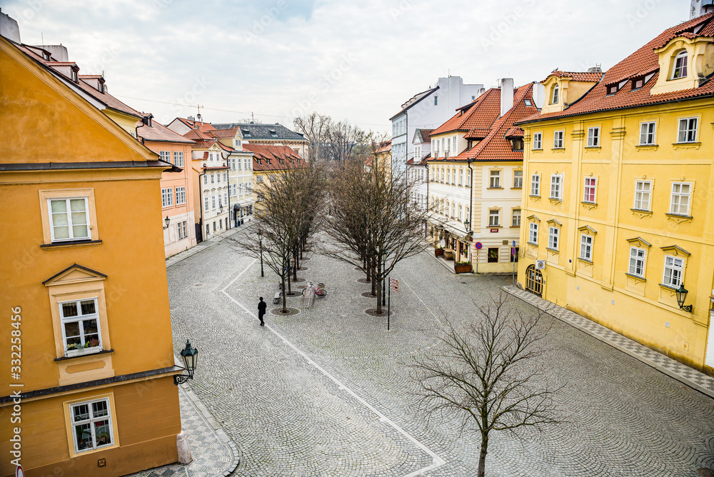 Prague, Czech republic - March 19, 2020. Street Na Kampe by Charles Bridge without tourists during coronavirus travel ban