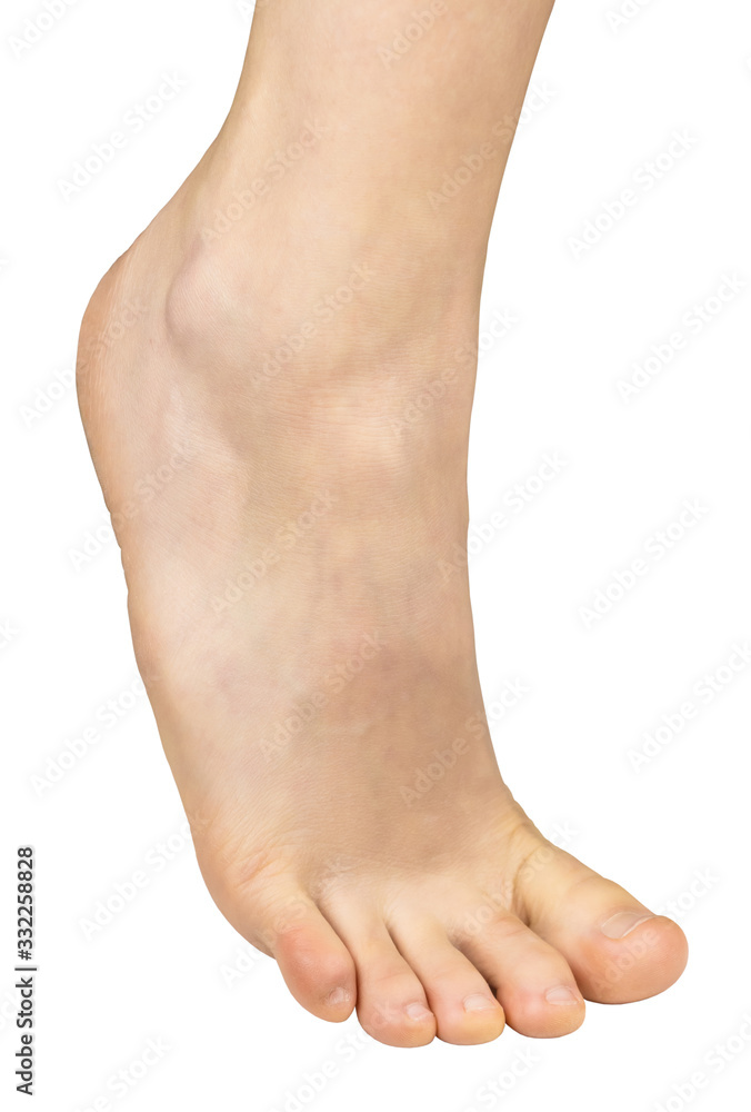 one female leg standing on hips, side view, close up, isolated on white background one female leg standing on hips, side view, close up, isolated on white background