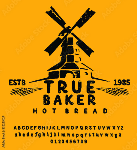 Hand Made Bakery Font  custom handwritten alphabet and logotype. Original Letters and Numbers. Vintage retro hand drawn typeface .Vector illustration. Textured Version.