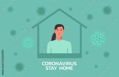 woman stay at home to prevent virus spreading, flu prevention, coronavirus, covid-19, social isolation, self quarantine, new normal concept, character cartoon vector flat illustration