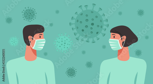 man and woman wearing surgical or medical face mask stay at home prevent virus spreading, flu prevention, coronavirus, social isolation, self quarantine, new normal concept, vector character cartoon