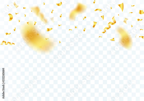 Falling confetti on top festive frame on transparent background. Shiny glossy gold paper pieces fly and scatter around. Vector illustration.