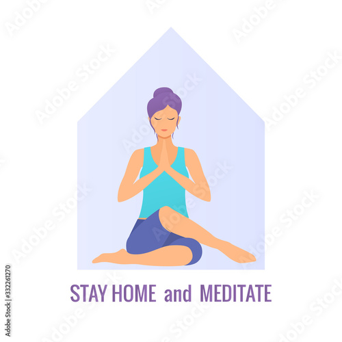 Covid-19 virus. Staying home with self quarantine. Woman sitting in the lotus position and practicing meditation