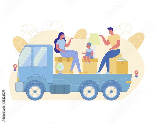 Young Family Sits on Boxes on Truck Platform.