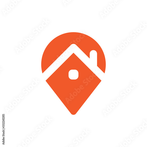 Stay home location icon. House and position pointer symbol. Stayhome campaign.