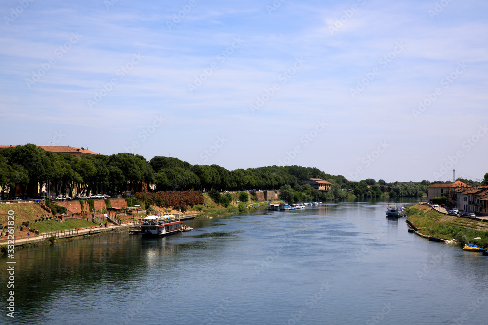 Pavia (PV), Italy - June 09, 2018: Ticino river in Pavia, Pavia, Lombardy, Italy