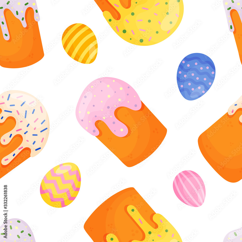 Seamless pattern with colored eggs and Easter cake. Vector illustration. Endless background. Great for Easter decor.